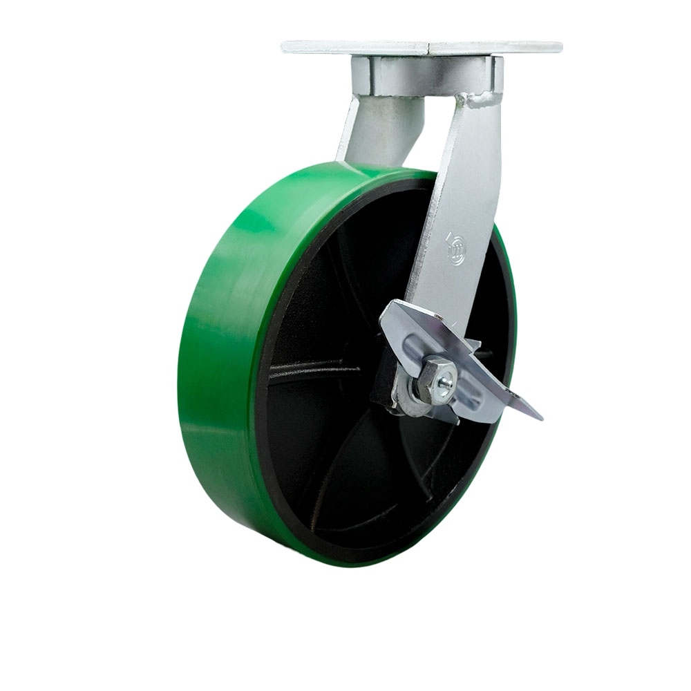 12 in. Swivel Top Plate Extra Heavy Duty Caster with Green Poly on Cast Iron Wheel & Side Lock Brake - Heavy Duty Caster Wheel - Industrial Caster