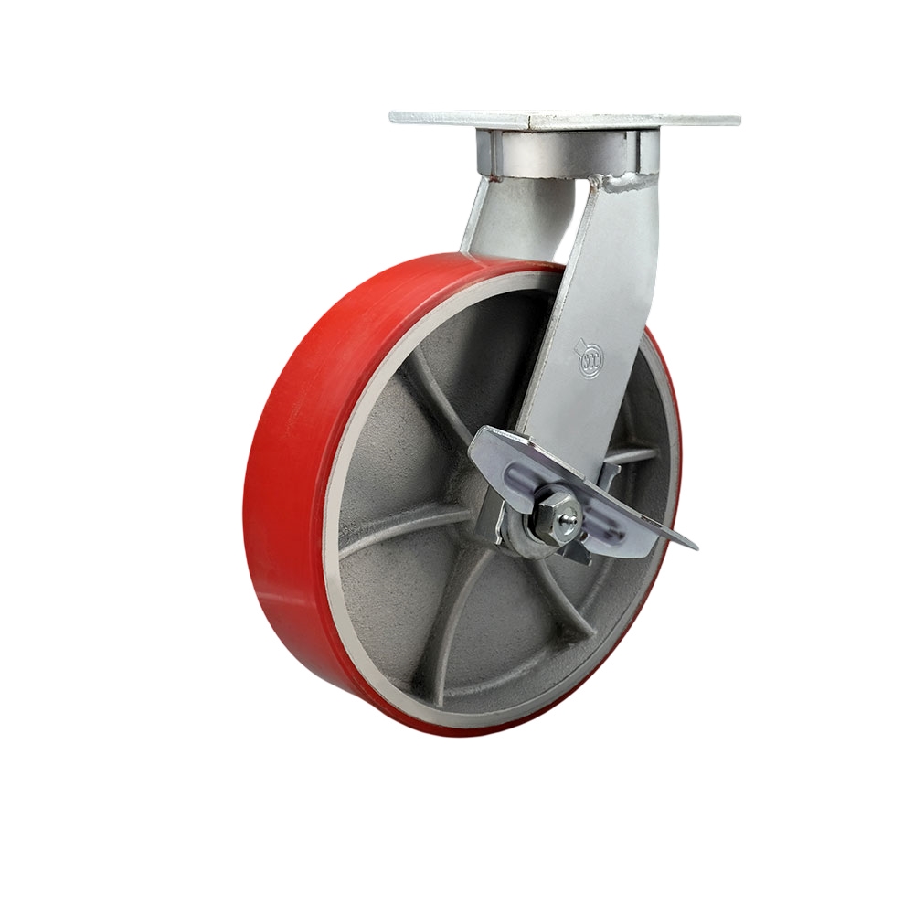 10 in. Swivel Top Plate Extra Heavy Duty Caster with Red Poly on Cast Iron Wheel & Side Lock Brake - Heavy Duty Caster Wheel - Industrial Caster