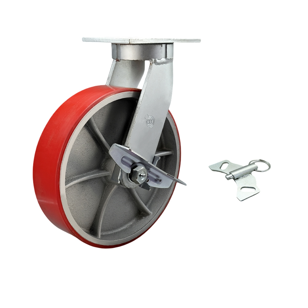 10 in. Swivel Top Plate Extra Heavy Duty Caster with Red Polyurethane on Cast Iron Wheel & Brake - Bolt on Swivel Lock - Heavy Duty Caster Wheel