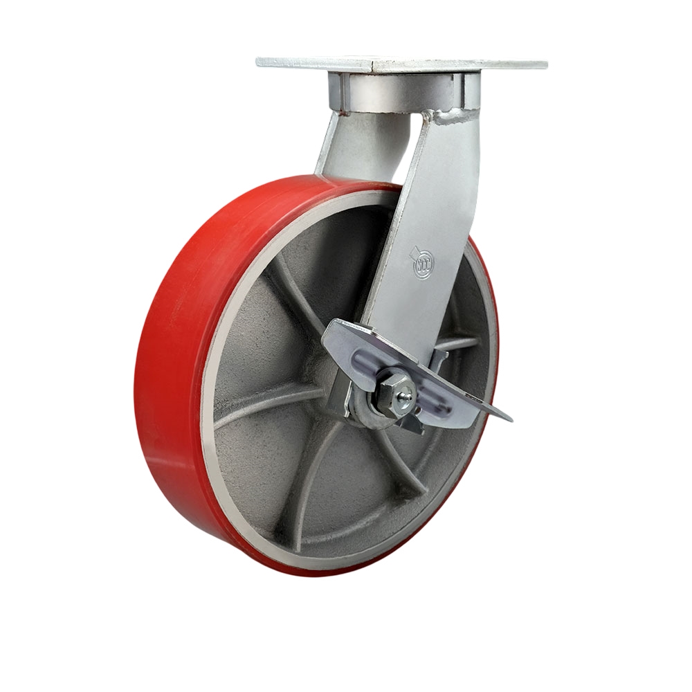 12 in. Swivel Top Plate Extra Heavy Duty Caster with Red Polyurethane on Cast Iron Wheel & Brake - Bolt on Swivel Lock - Heavy Duty Caster Wheel