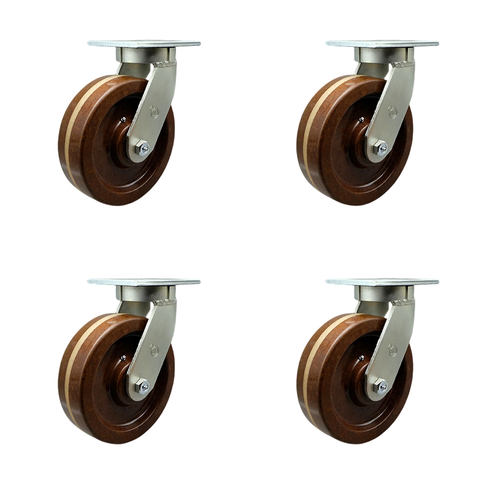 SCC-KP92S830-PHRHT-BSL-2-S-2 8 in. Swivel Top Plate Caster Set Extra Heavy Duty Casters with High Temperature Phenolic Wheels - Set of 4