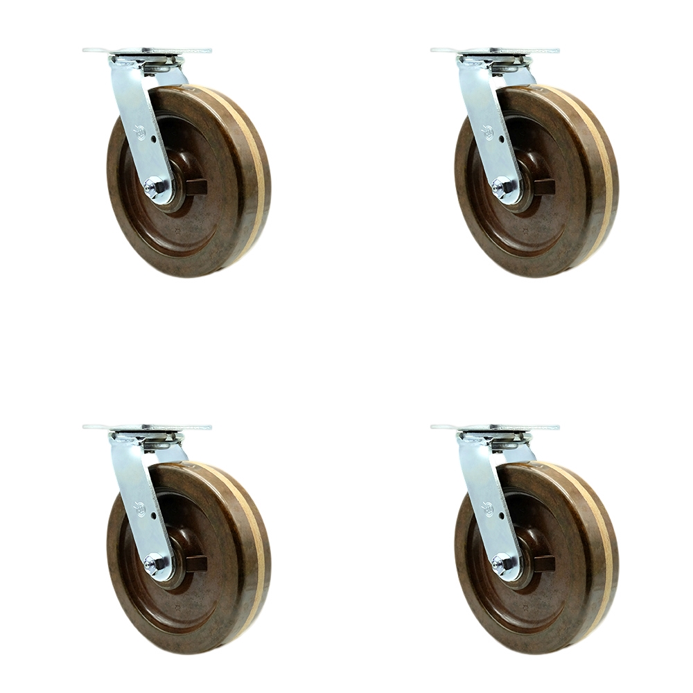SCC-30CS820-PHRHT-4 High Temperature Phenolic Swivel Top Plate Casters, Heavy Duty with 8 in. Wheels - 5000 lbs Total Capacity - Set of 4