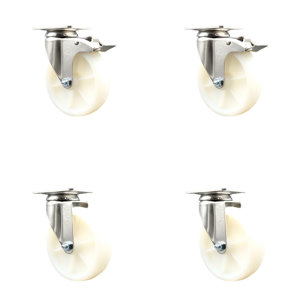 SCC-SS316TTL20S514-NYS-2-S-2 Nylon Swivel Top Plate Caster with 5 in. White Caster Wheels - 316 Stainless Steel Casters - Set of 4