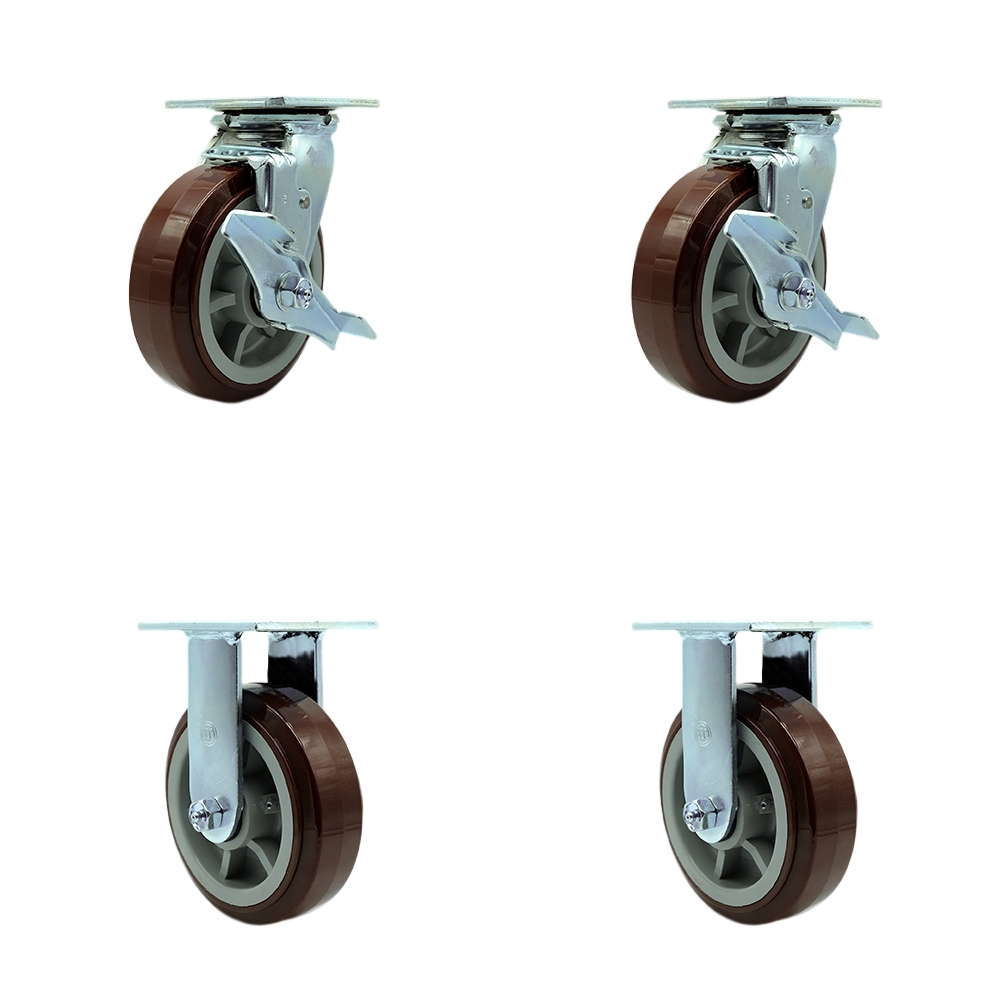 SCC-30CS620-PPUR-TLB-2-R620-2 Polyurethane Swivel Top Plate Casters, Heavy Duty with 6 in. Wheels - 3600 lbs Total Capacity - Set of 4