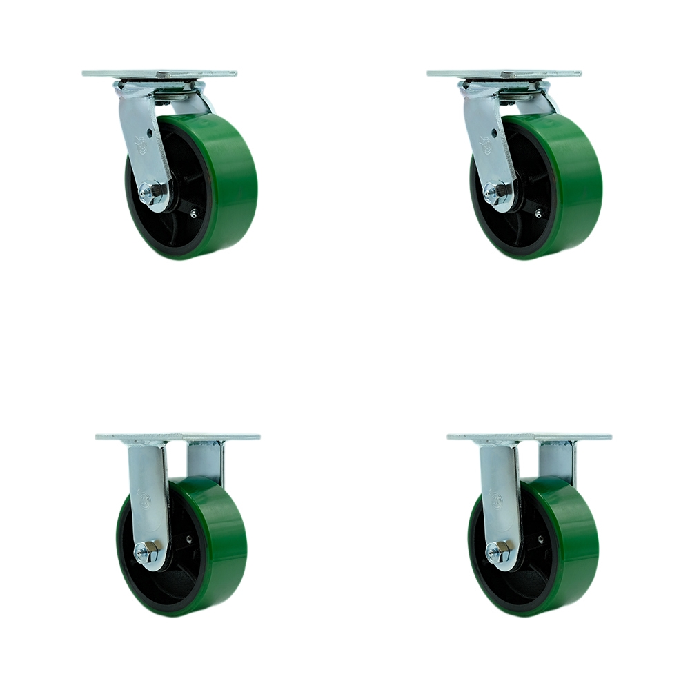 Polyurethane on Cast Iron Swivel Top Plate Casters, Heavy Duty with 5 in. Green Wheels - 4000 lbs Total Capacity - Set of 4