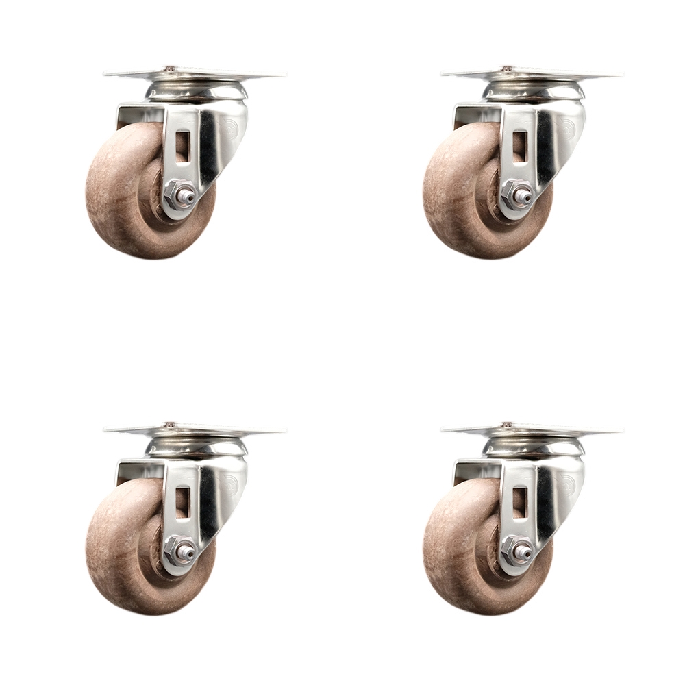 High Temperature Glass Filled Nylon Swivel Top Plate Caster with 3 in. Brown Caster Wheels - 316 Stainless Steel Casters - Set of 4