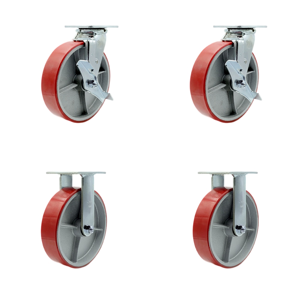 Polyurethane on Cast Iron Swivel Top Plate Casters, Heavy Duty with 8 in. Red Wheels - 5000 lbs Total Capacity - Set of 4
