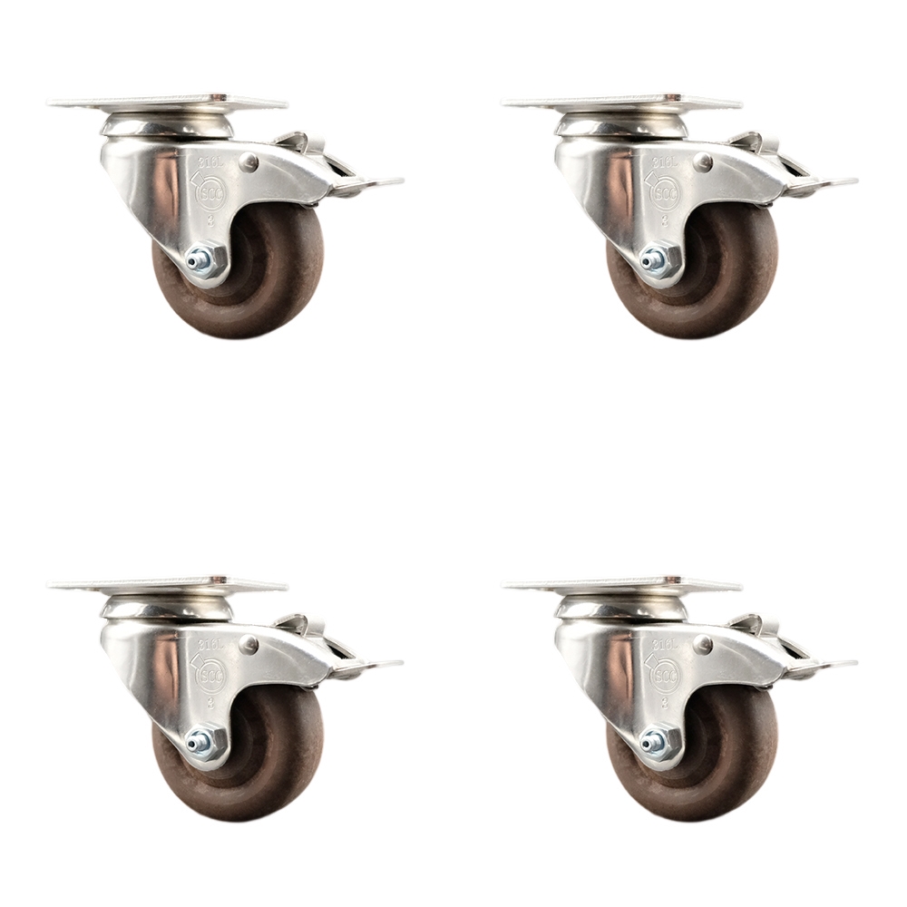 High Temperature Glass Filled Nylon Swivel Top Plate Caster with 3.5 in. Brown Caster Wheels - 316 Stainless Steel Casters - Set of 4