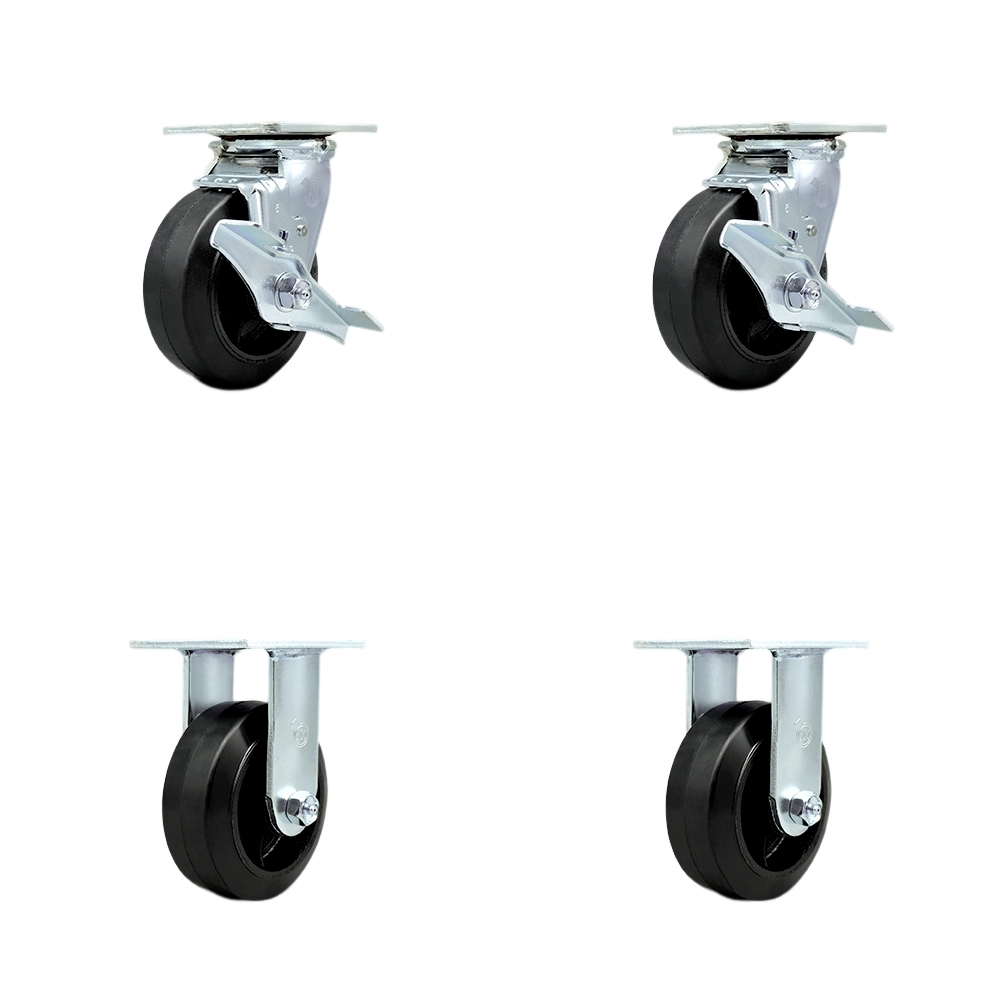SCC-30CS520-RSR-TLB-2-R520-2 Rubber on Metal Swivel Top Plate Casters, Heavy Duty with 5 in. Wheels - 1600 lbs Total Capacity - Set of 4