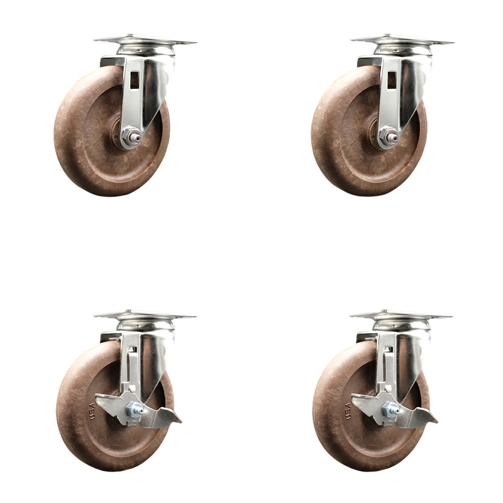 High Temperature Glass Filled Nylon Swivel Top Plate Caster with 5 in. Brown Caster Wheels - 316 Stainless Steel Casters - Set of 4