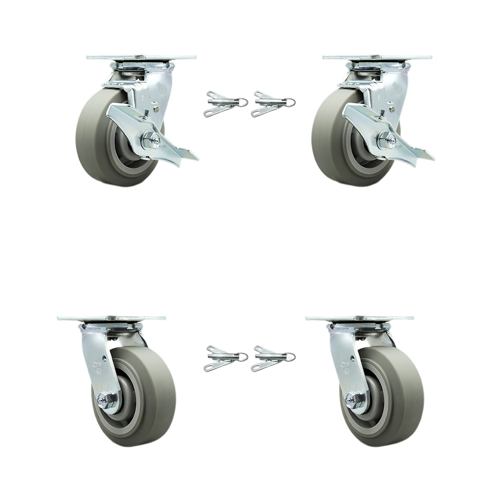 SCC-30CS520-TPRRF-TLB-BSL-2-BSL-2 Thermoplastic Rubber Flat Tread Swivel Top Plate Casters, Heavy Duty with 5 in. Wheels - Set of 4