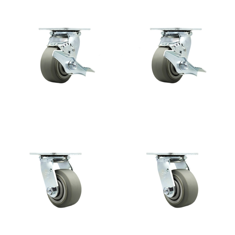 SCC-SS30S420-TPRRF-TLB-BSL-2-BSL-2 Stainless Steel Thermoplastic Rubber Flat Tread Swivel Top Plate Caster Set Heavy Duty with 4 in. Wheel