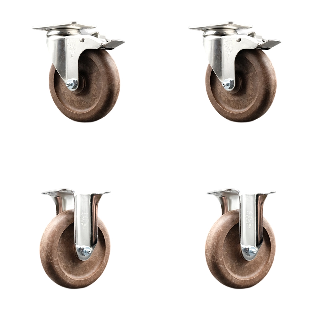 High Temperature Glass Filled Nylon Swivel Top Plate Caster with 5 in. Brown Caster Wheels - 316 Stainless Steel Casters - Set of 4