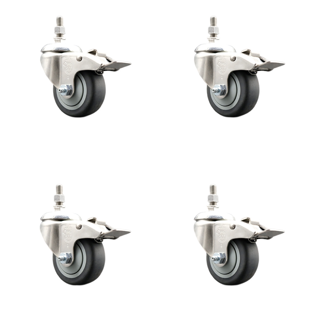 Thermoplastic Rubber Swivel Stem Caster with 3.5 in. Caster Wheels - 0.50 in. Threaded Stems - 316 Stainless Steel Casters - Set of 4