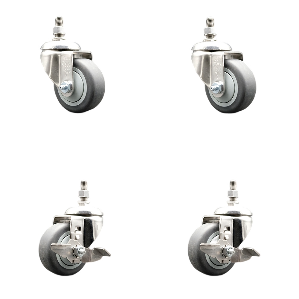Thermoplastic Rubber Swivel Stem Caster with 3 in. Caster Wheels - 0.37 in. Threaded Stems - 316 Stainless Steel Caster - Set of 4