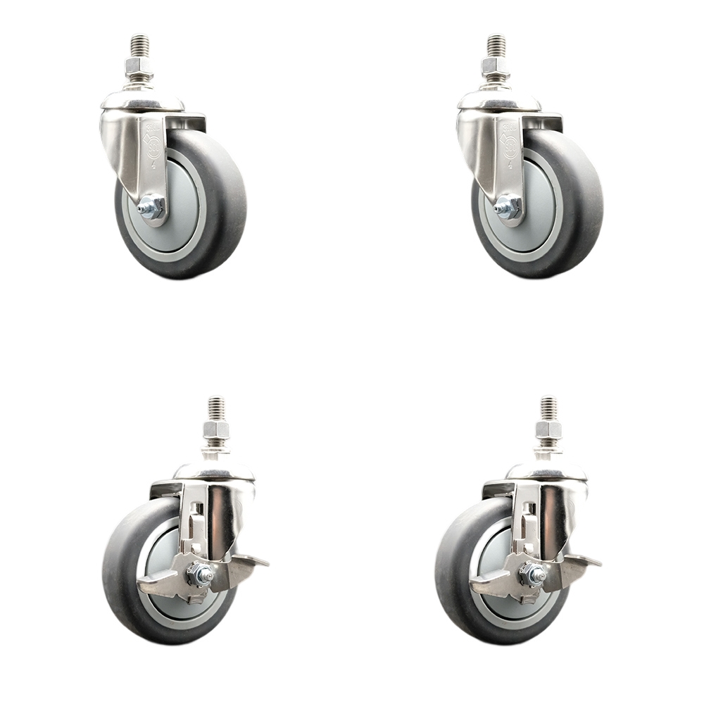 Thermoplastic Rubber Swivel Stem Caster with 4 in. Caster Wheels - 0.37 in. Threaded Stems - 316 Stainless Steel Caster - Set of 4