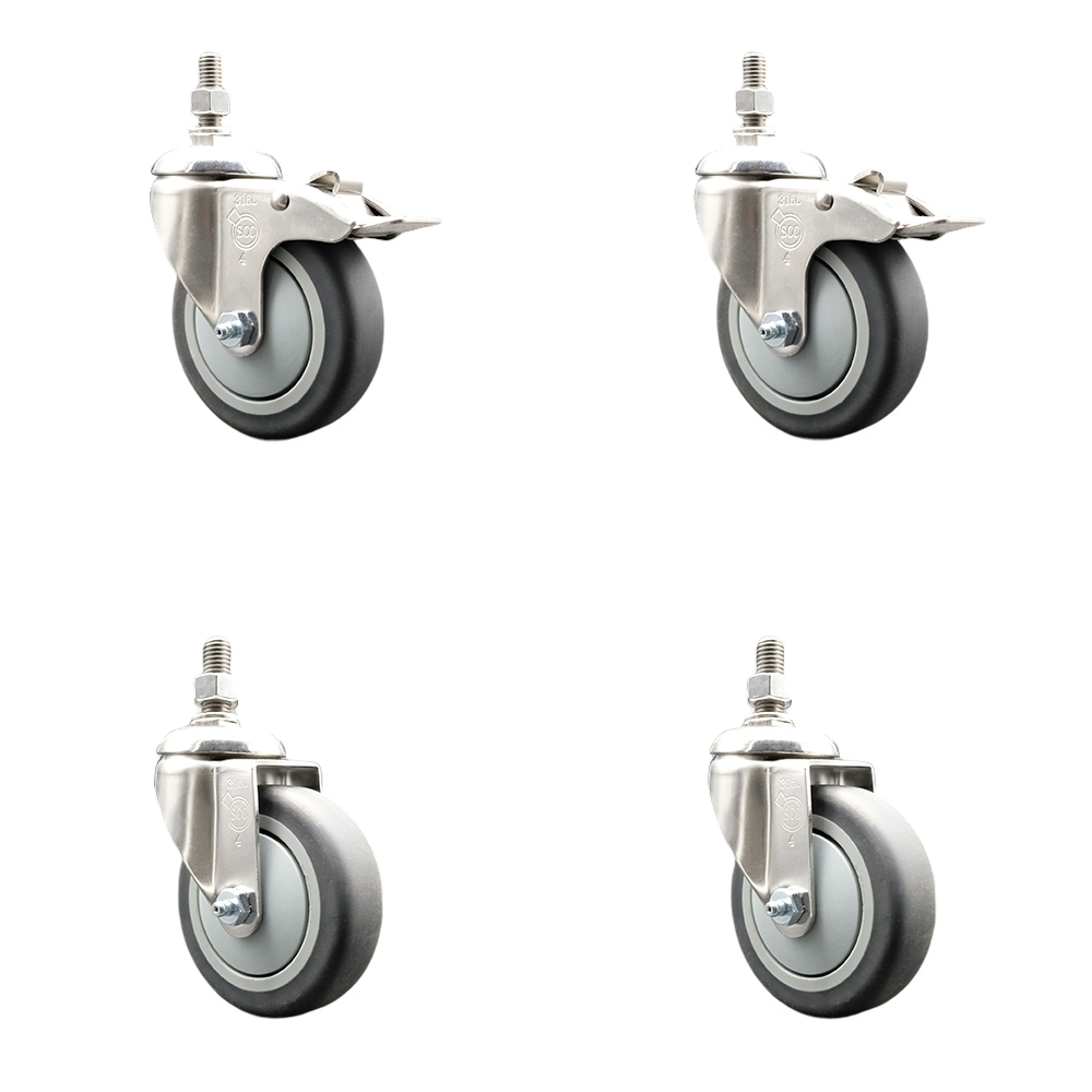 Thermoplastic Rubber Swivel Stem Caster with 4 in. Caster Wheels - 0.37 in. Threaded Stem - 316 Stainless Steel Caster - Set of 4
