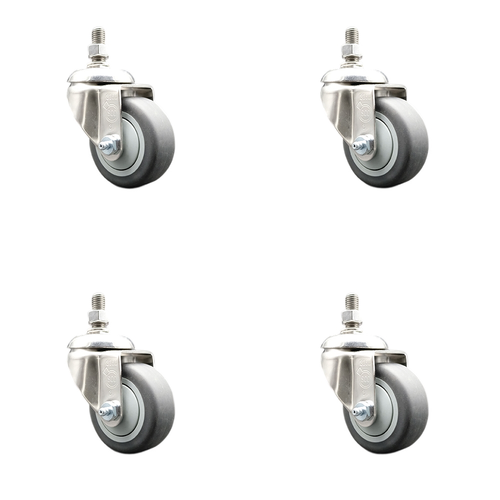 Thermoplastic Rubber Swivel Stem Caster with 3.5 in. Caster Wheels - 10 mm Metric Threaded Stems - 316 Stainless Steel Casters - Set of 4