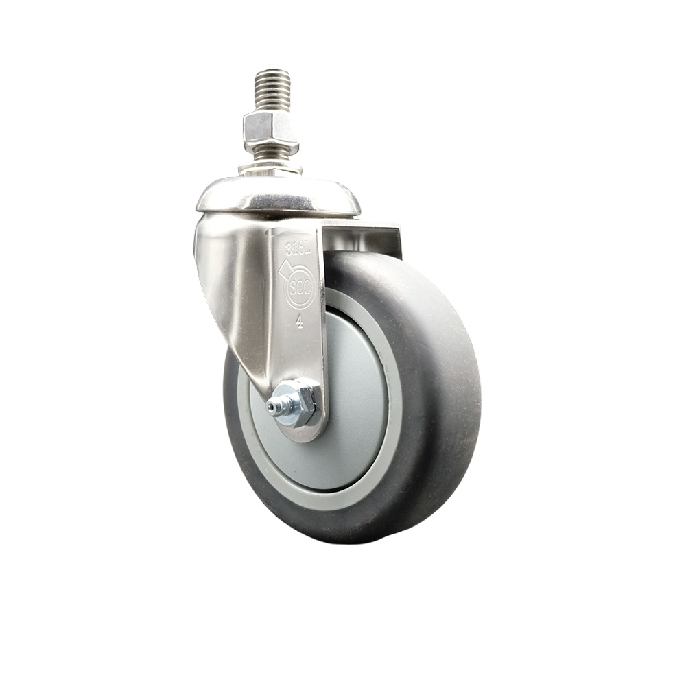 Thermoplastic Rubber Swivel Stem Caster with 4 in. Gray Caster Wheel - 12 mm Metric Threaded Stem - 316 Stainless Steel Caster - 250 lbs Capacity
