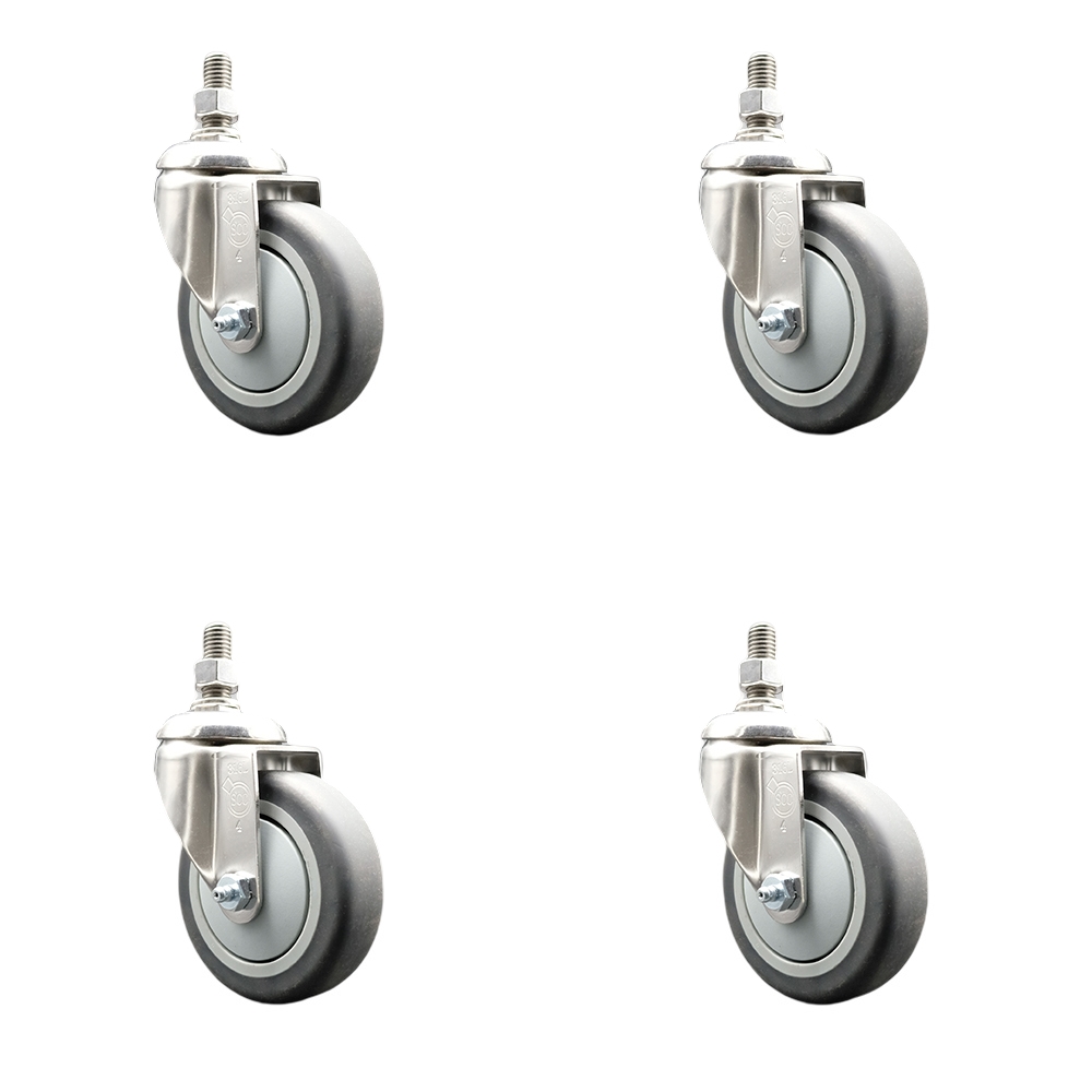Thermoplastic Rubber Swivel Stem Caster with 4 in. Caster Wheels - 12 mm Metric Threaded Stems - 316 Stainless Steel Casters - Set of 4