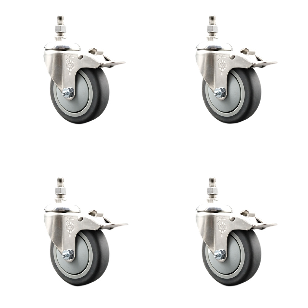Thermoplastic Rubber Swivel Stem Caster with 4 in. Caster Wheels - 12 mm Metric Threaded Stems - 316 Stainless Steel Casters - Set of 4
