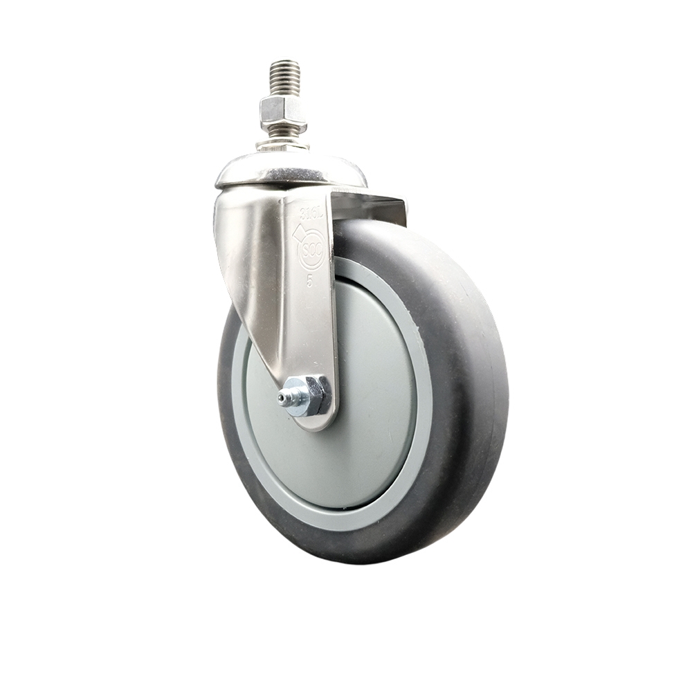 Thermoplastic Rubber Swivel Stem Caster with 5 in. Gray Caster Wheel - 12 mm Metric Threaded Stem - 316 Stainless Steel Caster - 300 lbs Capacity