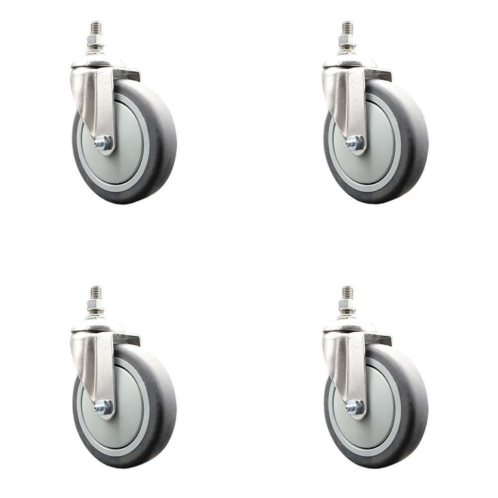 Thermoplastic Rubber Swivel Stem Caster with 5 in. Caster Wheels - 12 mm Metric Threaded Stems - 316 Stainless Steel Casters - Set of 4