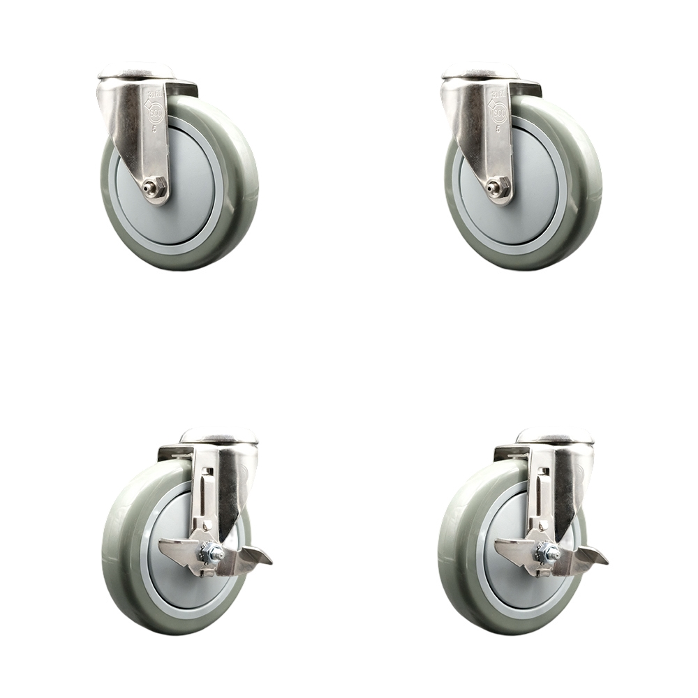 SCC-SS316BH20S514-PPUB-2-TLB-2 Polyurethane Swivel Bolt Hole Caster with 5 in. Gray Caster Wheels 316 Stainless Steel Casters - Set of 4
