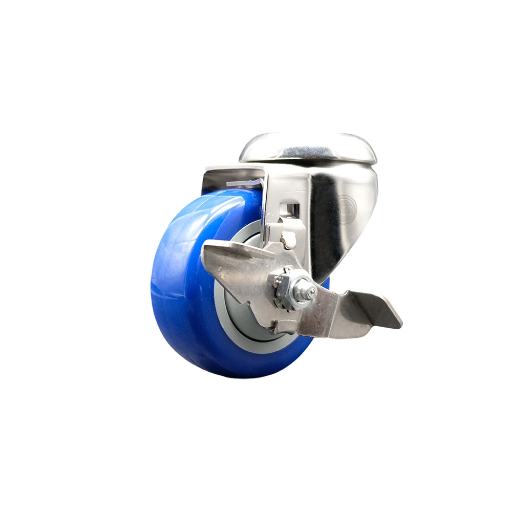 SCC-SS316BH20S314-PPUB-BLUE-TLB Polyurethane Swivel Bolt Hole Caster with 3 in. Blue Caster Wheel & Top Lock Brake - 316 Stainless Steel Caster