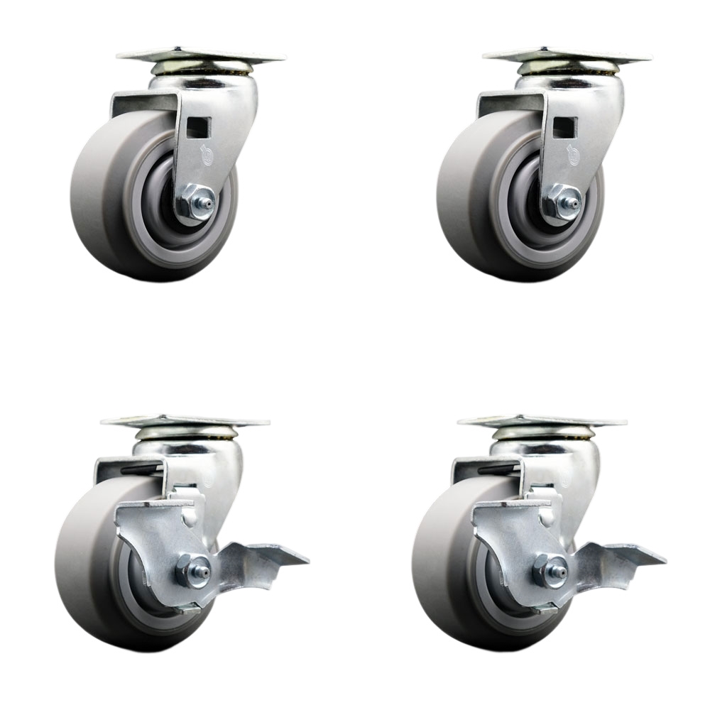 SCC-20S420-TPRRF-2-TLB-2 Swivel Plate Caster Set, Gray 4 x 2 in. Thermoplastic Rubber Flat Tread Wheel Roller Bearing - 1800 lbs Total Capacity