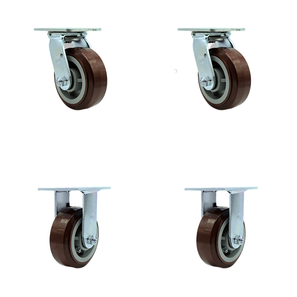 SCC-SS30S520-PPUR-BSL-2-R-2 Stainless Steel Polyurethane Swivel Top Plate Casters, Heavy Duty with 5 in. Wheels - Set of 4