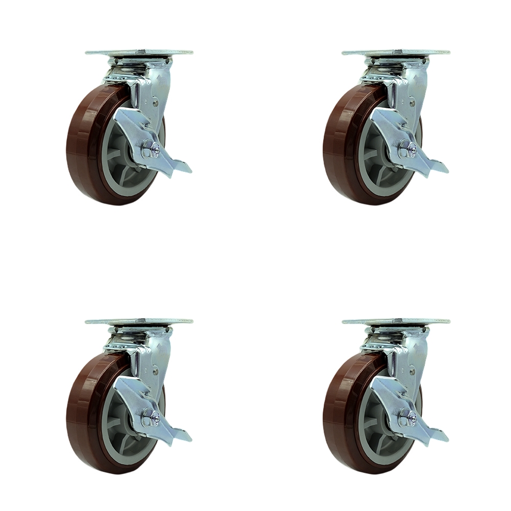 SCC-SS30S620-PPUR-TLB-BSL-2-TLB-2 Stainless Steel Polyurethane Swivel Top Plate Casters, Heavy Duty with 6 in. Wheels - Set of 4