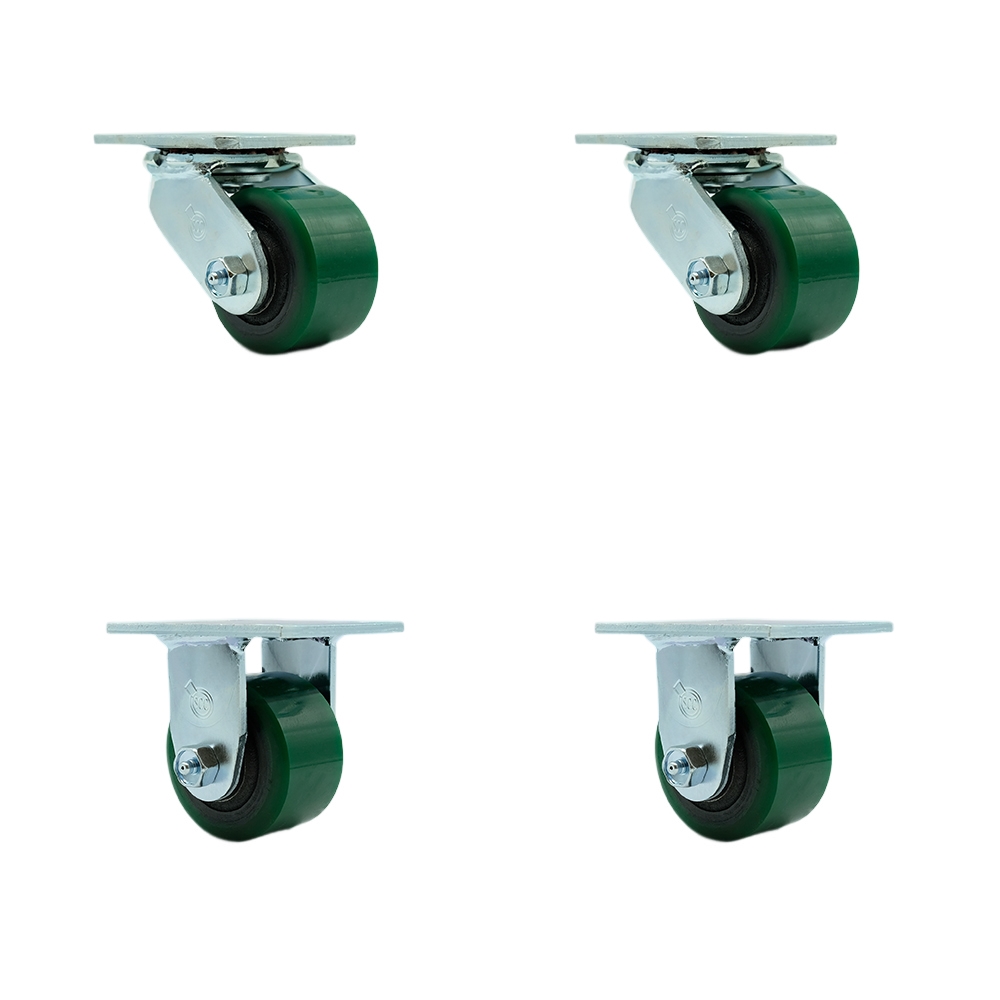 Polyurethane on Cast Iron Swivel Top Plate Casters, Heavy Duty with 3.25 in. Green Wheels - 2400 lbs Total Capacity - Set of 4