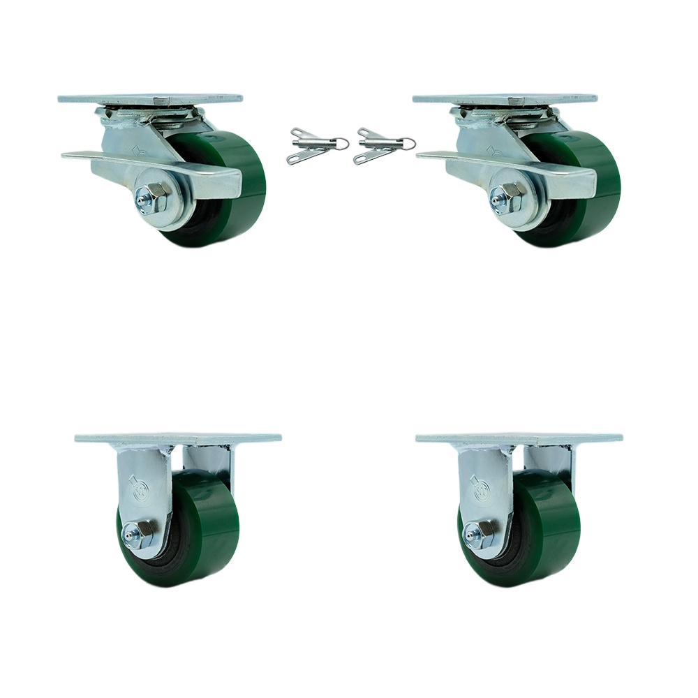 Polyurethane on Cast Iron Swivel Top Plate Casters, Heavy Duty with 3.25 in. Green Wheels - 2400 lbs Total Capacity - Set of 4