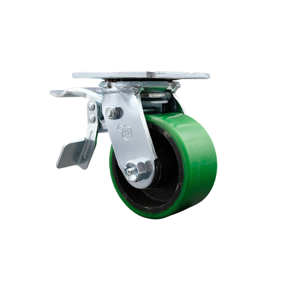 Polyurethane on Cast Iron Swivel Top Plate Heavy Duty Caster with 4 in. Green Wheel & Total Lock Brake - 700 lbs Capacity per Caster