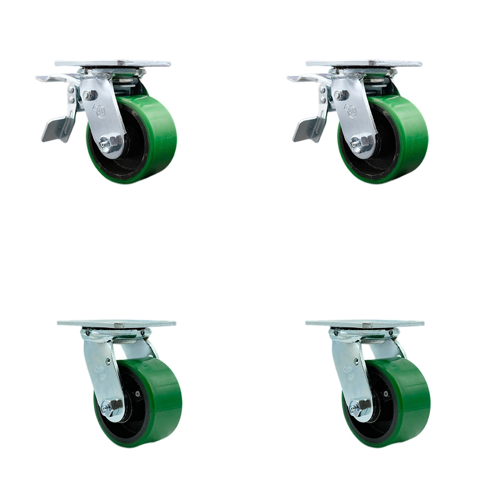 Polyurethane on Cast Iron Swivel Top Plate Casters, Heavy Duty with 4 in. Green Wheels - 2800 lbs Total Capacity - Set of 4