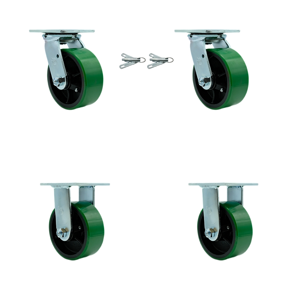 Polyurethane on Cast Iron Swivel Top Plate Casters, Heavy Duty with 5 in. Green Wheels - 4000 lbs Total Capacity - Set of 4