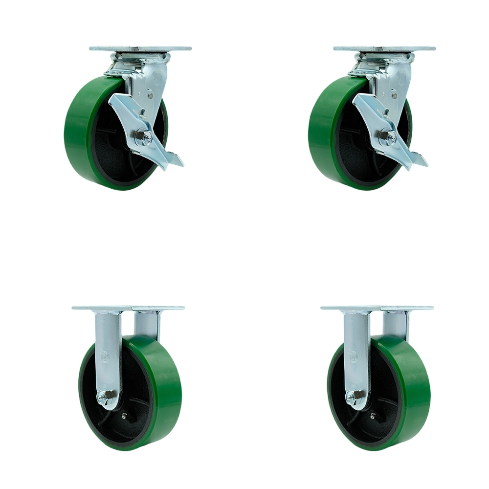 SCC-30CS620-PUR-GB-TLB-BSL-2-R-2 Polyurethane on Cast Iron Swivel Top Plate Casters, Heavy Duty with 6 in. Green Wheels - Set of 4