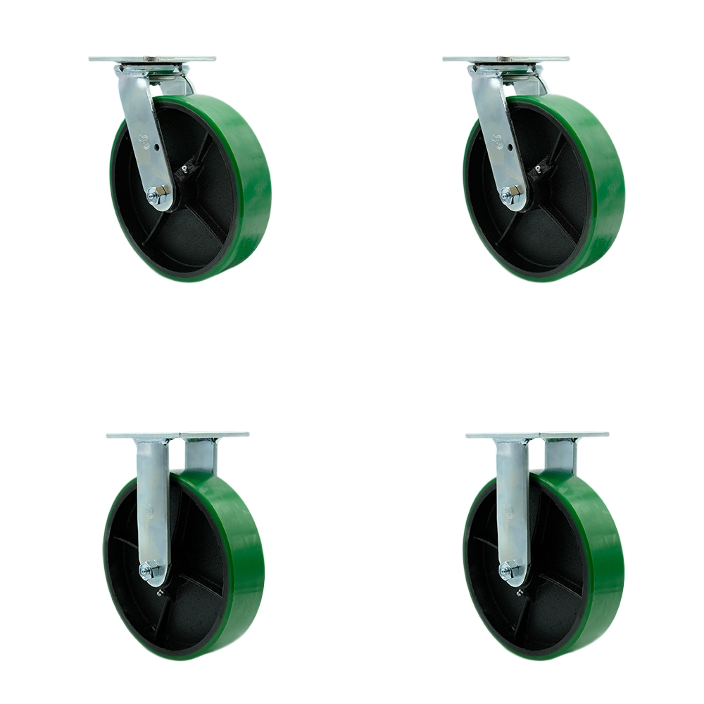 Polyurethane on Cast Iron Swivel Top Plate Casters, Heavy Duty with 8 in. Green Wheels - 5000 lbs Total Capacity - Set of 4