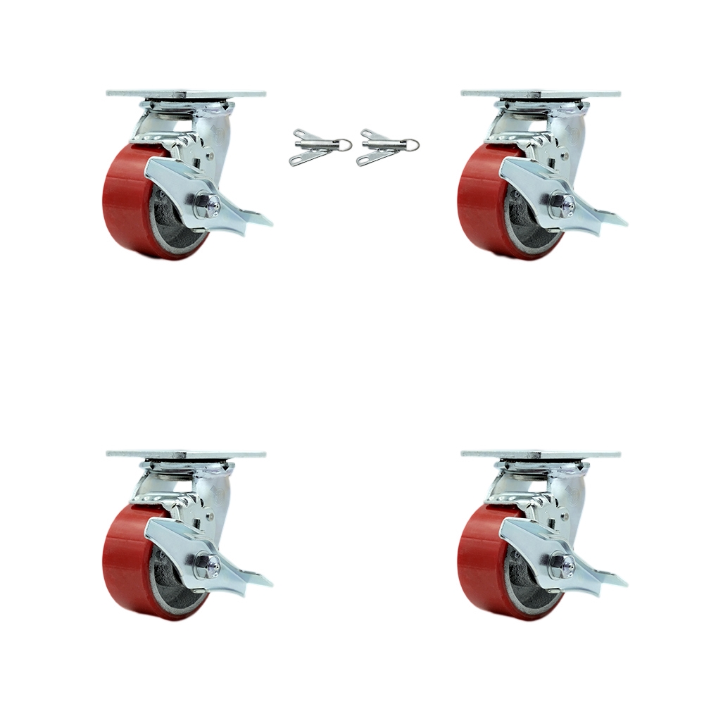 SCC-30CS420-PUR-RS-TLB-BSL-2-TLB-2 Polyurethane on Cast Iron Swivel Top Plate Casters, Heavy Duty with 4 in. Red Wheels - Set of 4
