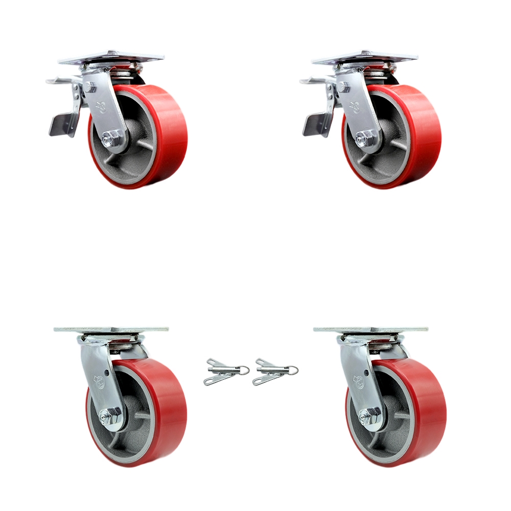 SCC-TTL30S520-PUR-RS-2-BSL-2 Polyurethane on Cast Iron Swivel Top Plate Casters, Heavy Duty with 5 in. Red Wheels - Set of 4