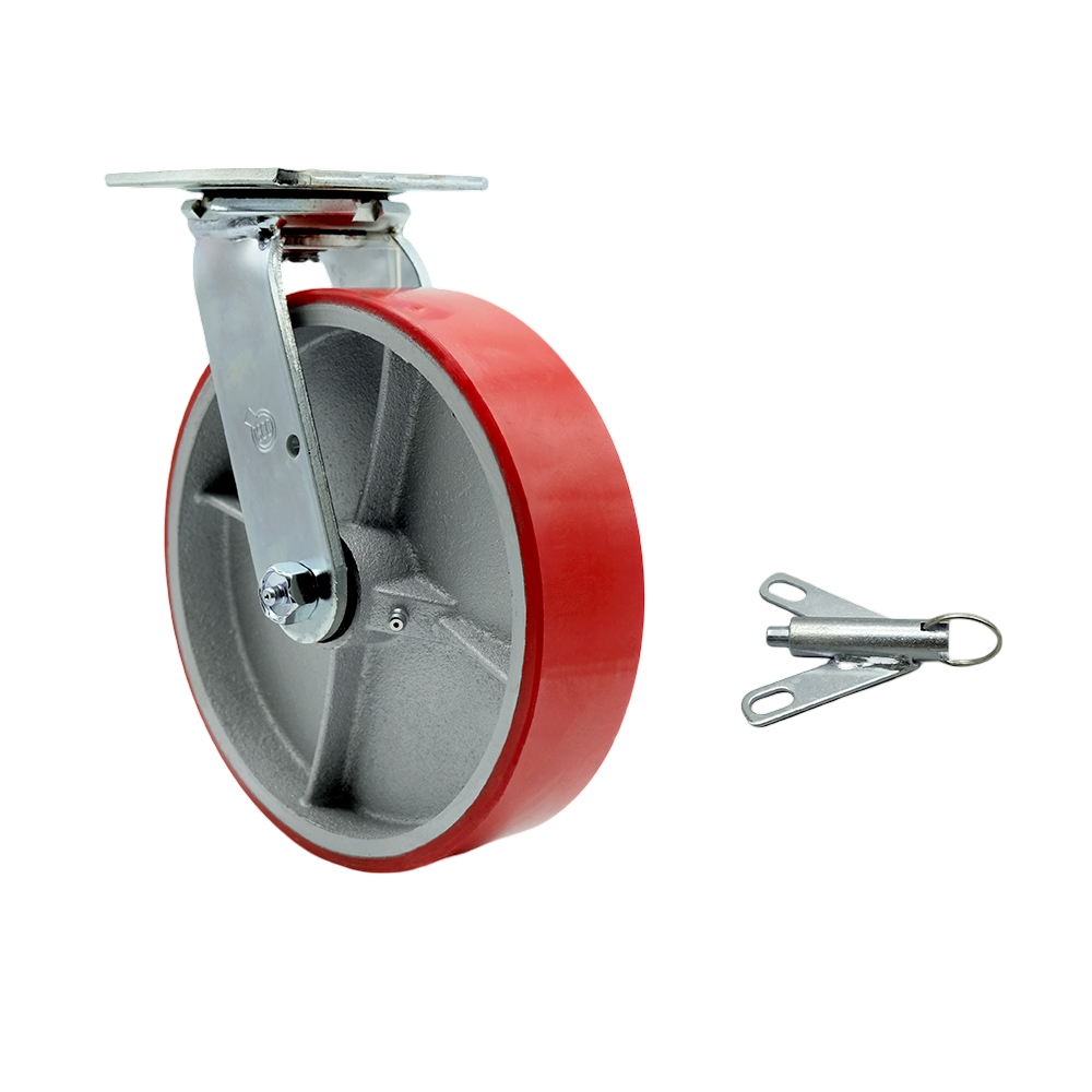Polyurethane on Cast Iron Swivel Top Plate Heavy Duty Caster with 8 in. Red Wheel & Bolt on Swivel Lock - 1250 lbs Capacity per Caster