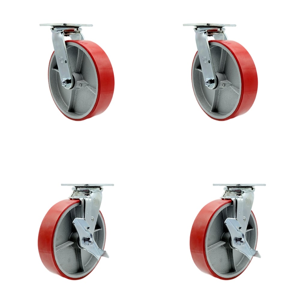 SCC-30CS820-PUR-RS-BSL-2-TLB-2 Polyurethane on Cast Iron Swivel Top Plate Casters, Heavy Duty with 8 in. Red Wheels - Set of 4