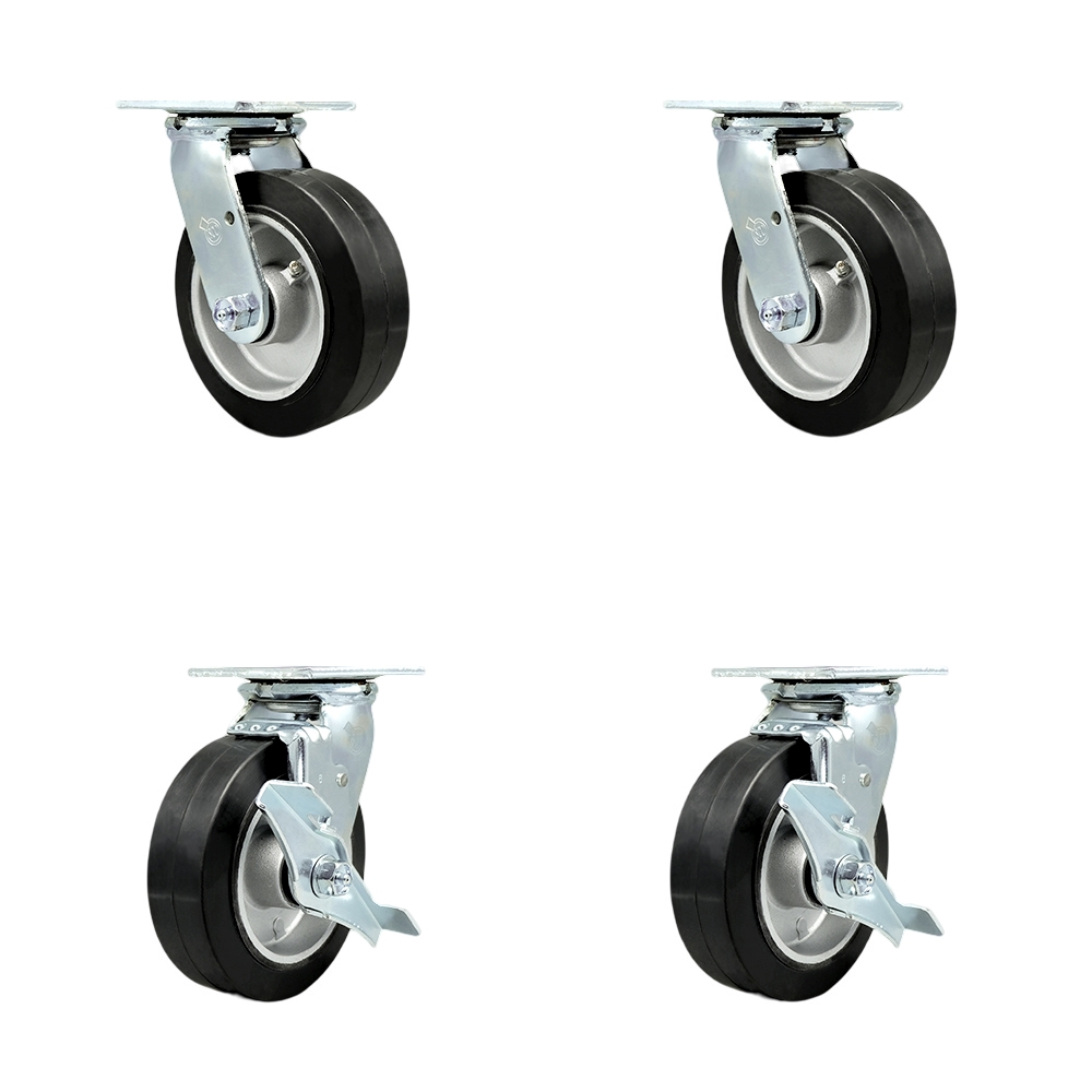 SCC-30CS620-RAR-BSL-2-TLB-2 Rubber on Aluminum Swivel Top Plate Casters, Heavy Duty with 6 in. Wheels - 2200 lbs Total Capacity - Set of 4