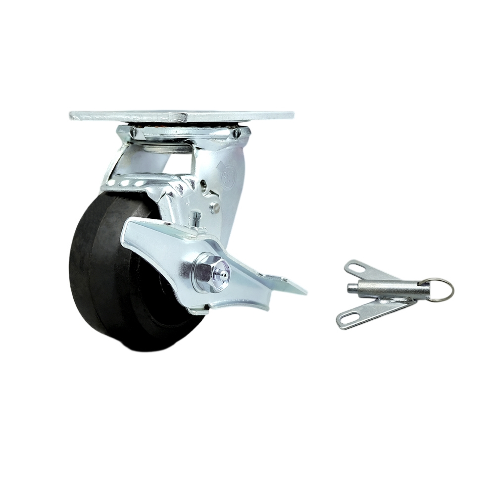 Rubber on Metal Swivel Top Plate Heavy Duty Caster with 4 in. Wheel & Top Lock Brake & Bolt on Swivel Lock - 400 lbs Capacity per Caster