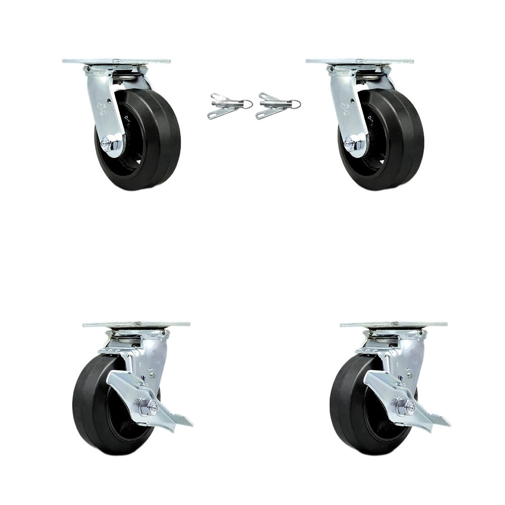 SCC-30CS520-RSR-BSL-2-TLB-2 Rubber on Metal Swivel Top Plate Casters, Heavy Duty with 5 in. Wheels - 1600 lbs Total Capacity - Set of 4