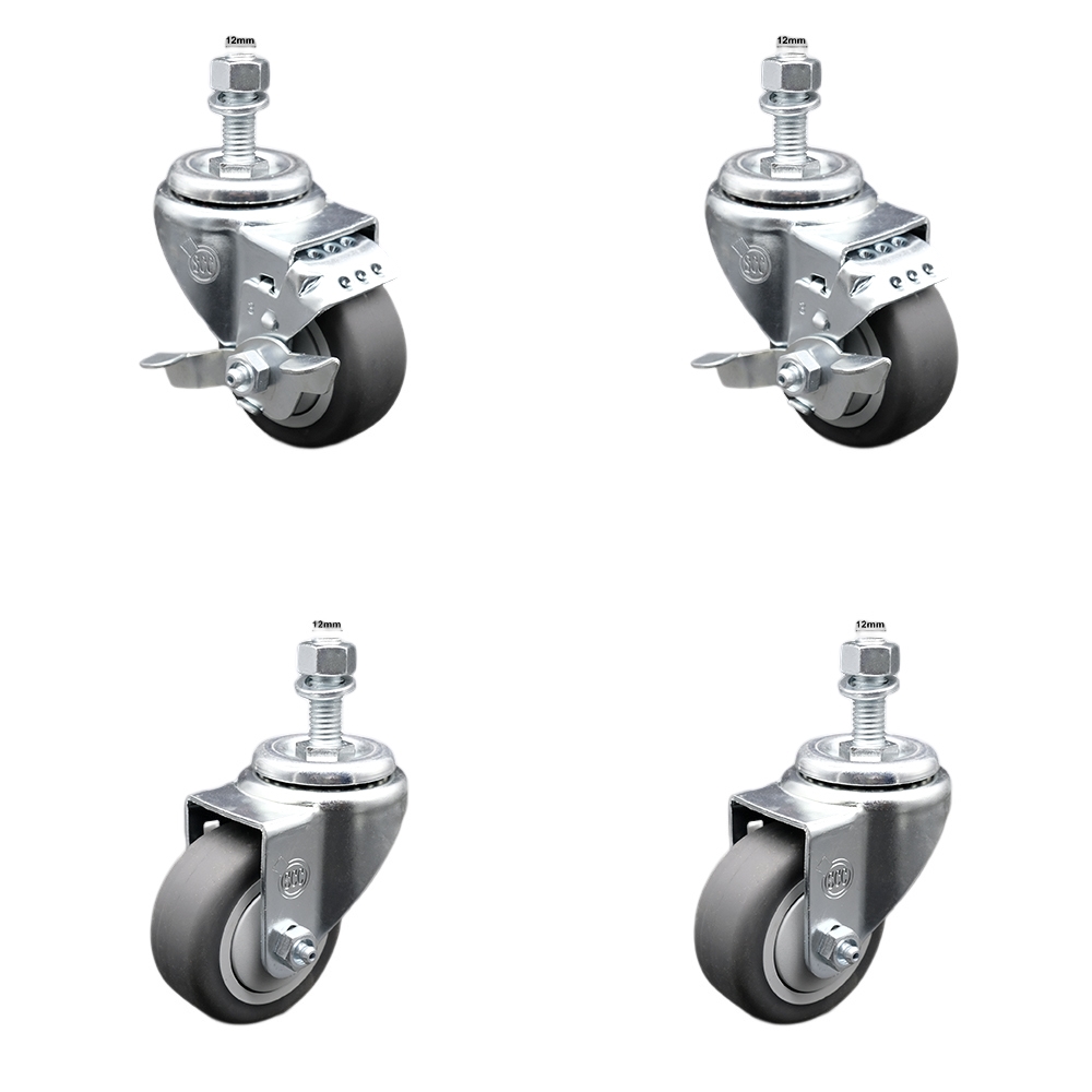 Stainless Steel Thermoplastic Rubber Swivel Threaded Stem Caster - 3 x 1.25 in. Gray Wheels & 12 mm Metric Stems - 840 lbs Total Capacity - Set of 4