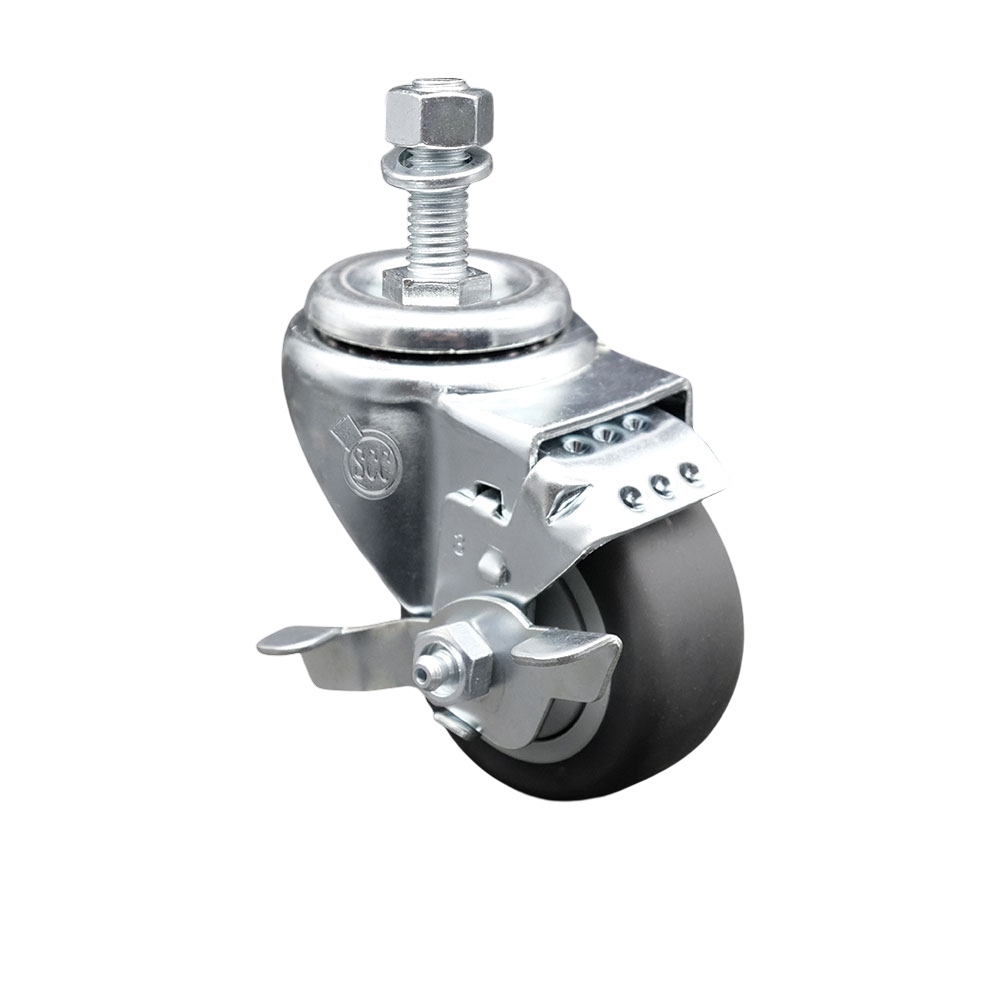 Thermoplastic Rubber Swivel Threaded Stem Caster - 3.5 x 1.25 in. Gray Wheel & 12 mm Metric Stem & Top Locking Brake - 230 lbs Capacity per Caster