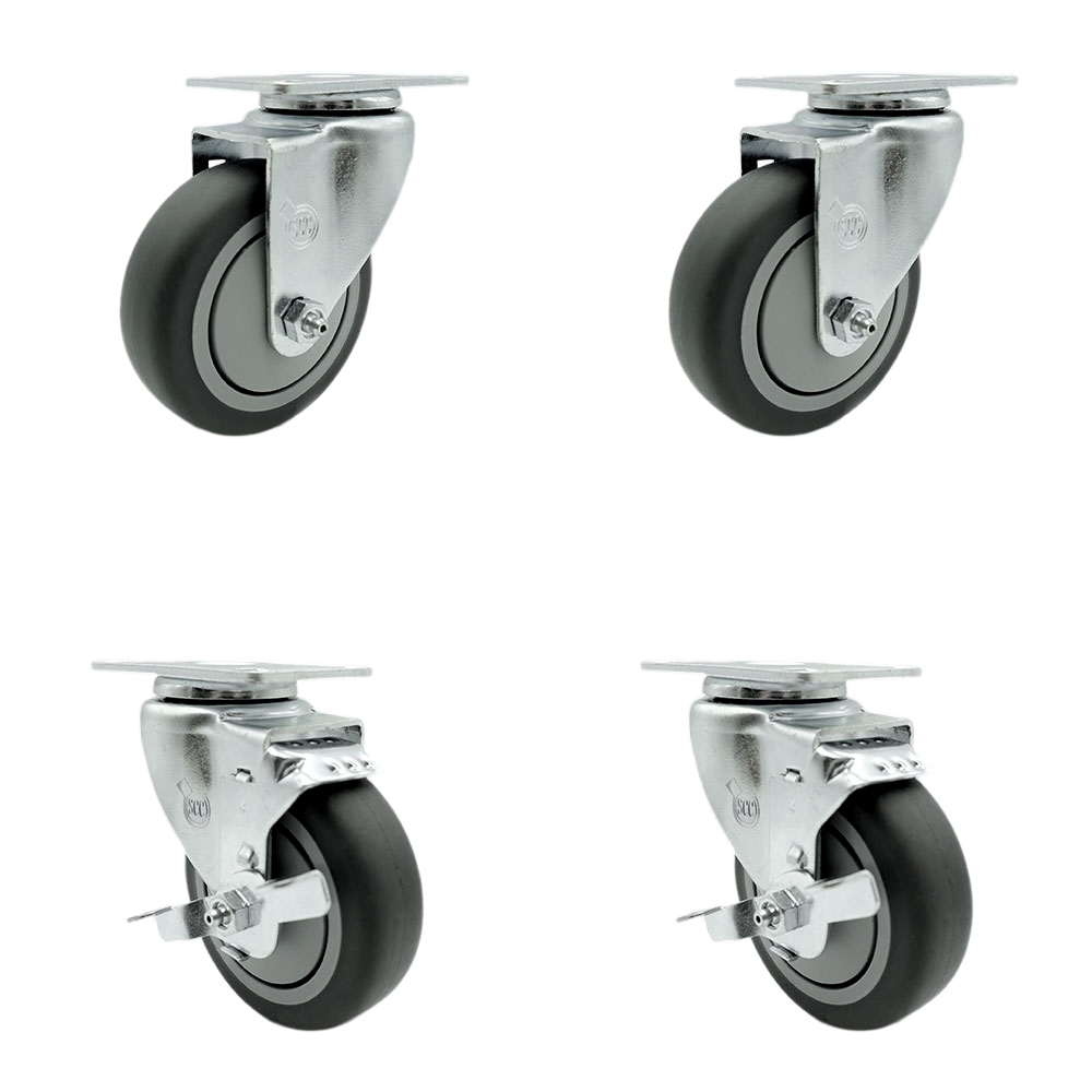 SCC-20S414-TPRB-2-TLB-2 Thermoplastic Rubber Swivel Top Plate Caster with 4 in. Gray Wheels - 1000 lbs Total Capacity - Set of 4