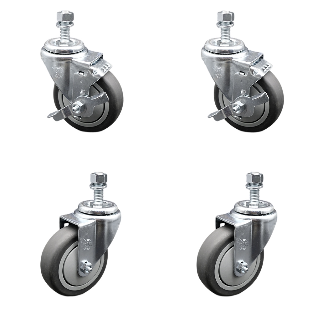 Thermoplastic Rubber Swivel Threaded Stem Caster - 4 x 1.25 in. Gray Wheels & 12 mm Metric Stems - 1000 lbs Total Capacity - Set of 4